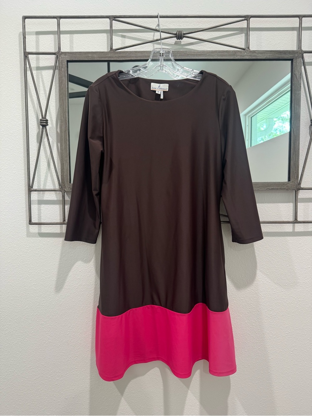 Jude Connally Brown and Pink Colorblock Long Sleeve Shift Dress